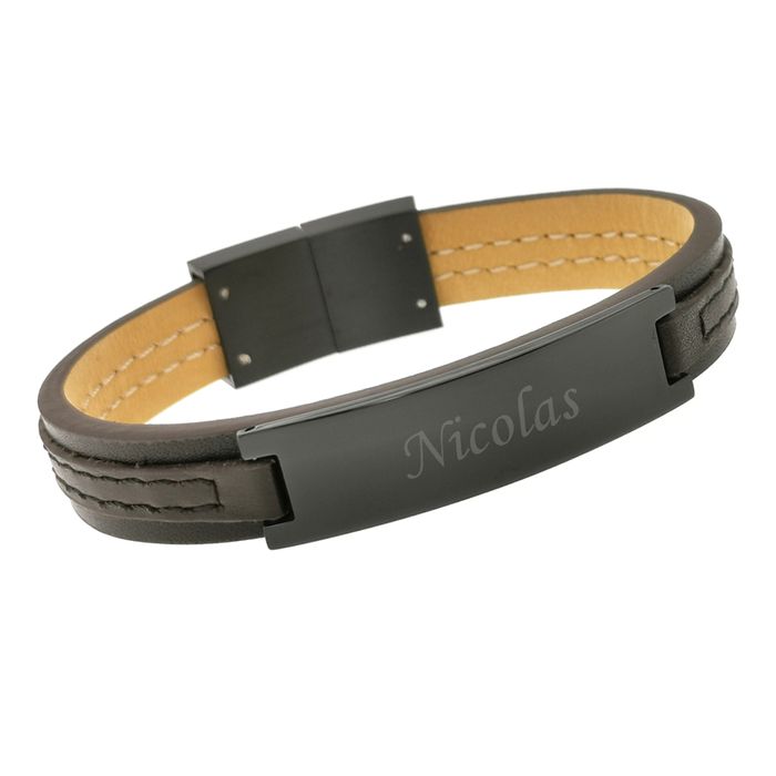 Bracelet Personnalisé Pour Homme En Simili Cuir Avec Coeur - Plaque Argent