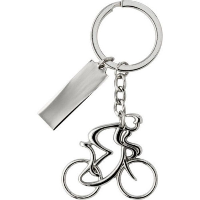 Porte clef gravé texte avec cycliste – Porte-clés argenté en métal
