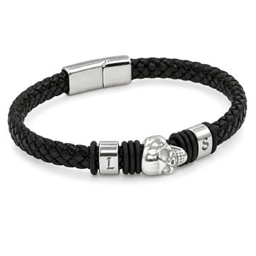 Bracelet cuir noir tête de mort personnalisé - 2536