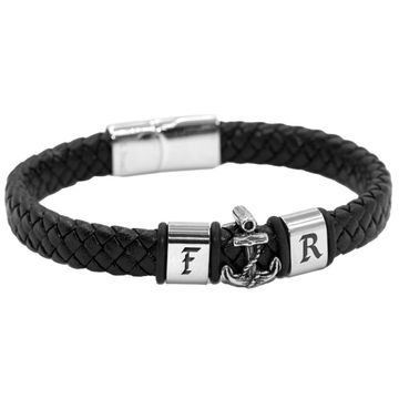 Bracelet cuir noir ancre personnalisé - 2538