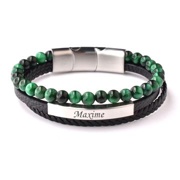 Bracelet cuir et perles œil de tigre vertes personnalisé - 2918