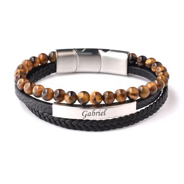 Bracelet cuir et perles œil de tigre personnalisé - 2917