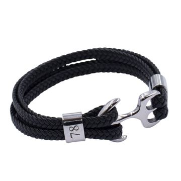 Bracelet cuir tressé noir ancre personnalisé - 2504