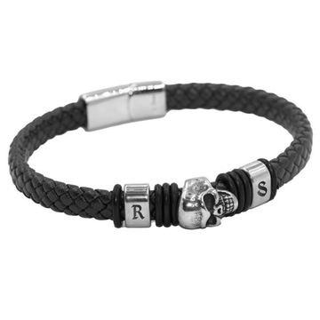 Bracelet cuir noir tête de mort personnalisé - 2536